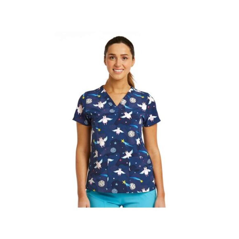 NEW Maevn Unicorn Flying Pigs in Space Galaxy V-Neck‎ Women Scrub Top Medical